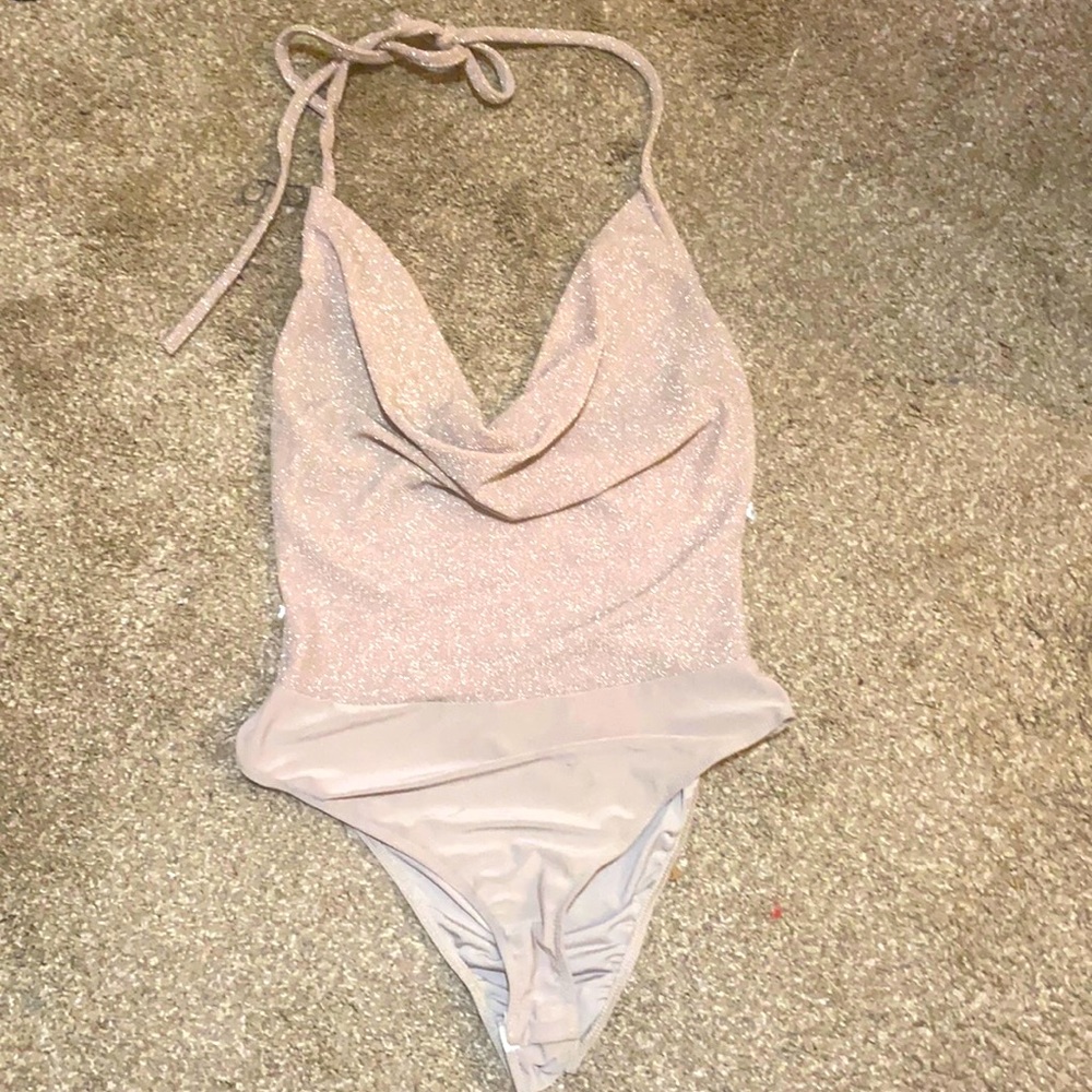 Shimmery nude drape cut front bodysuit
